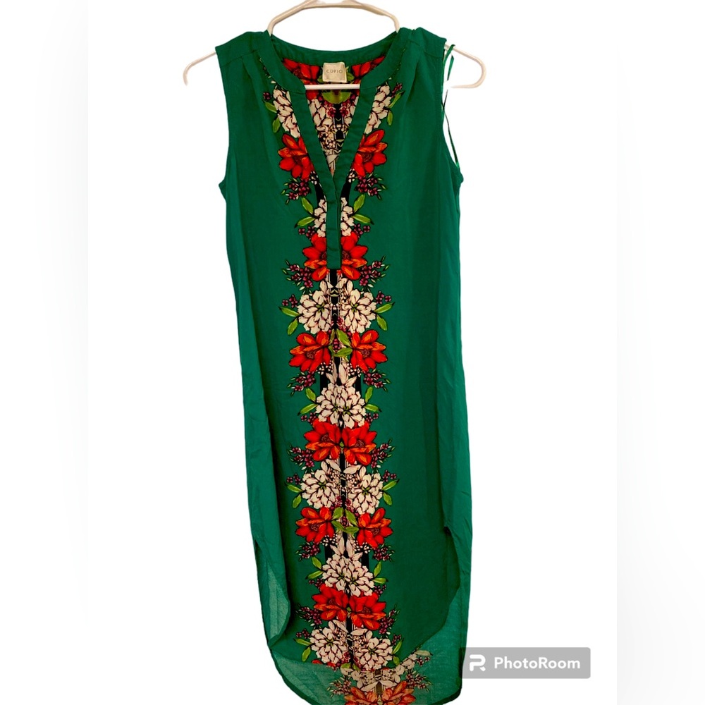 Cupio Green Floral Shift Dress S Petite Sleeveless Boho Tunic - Picture 2 of 4